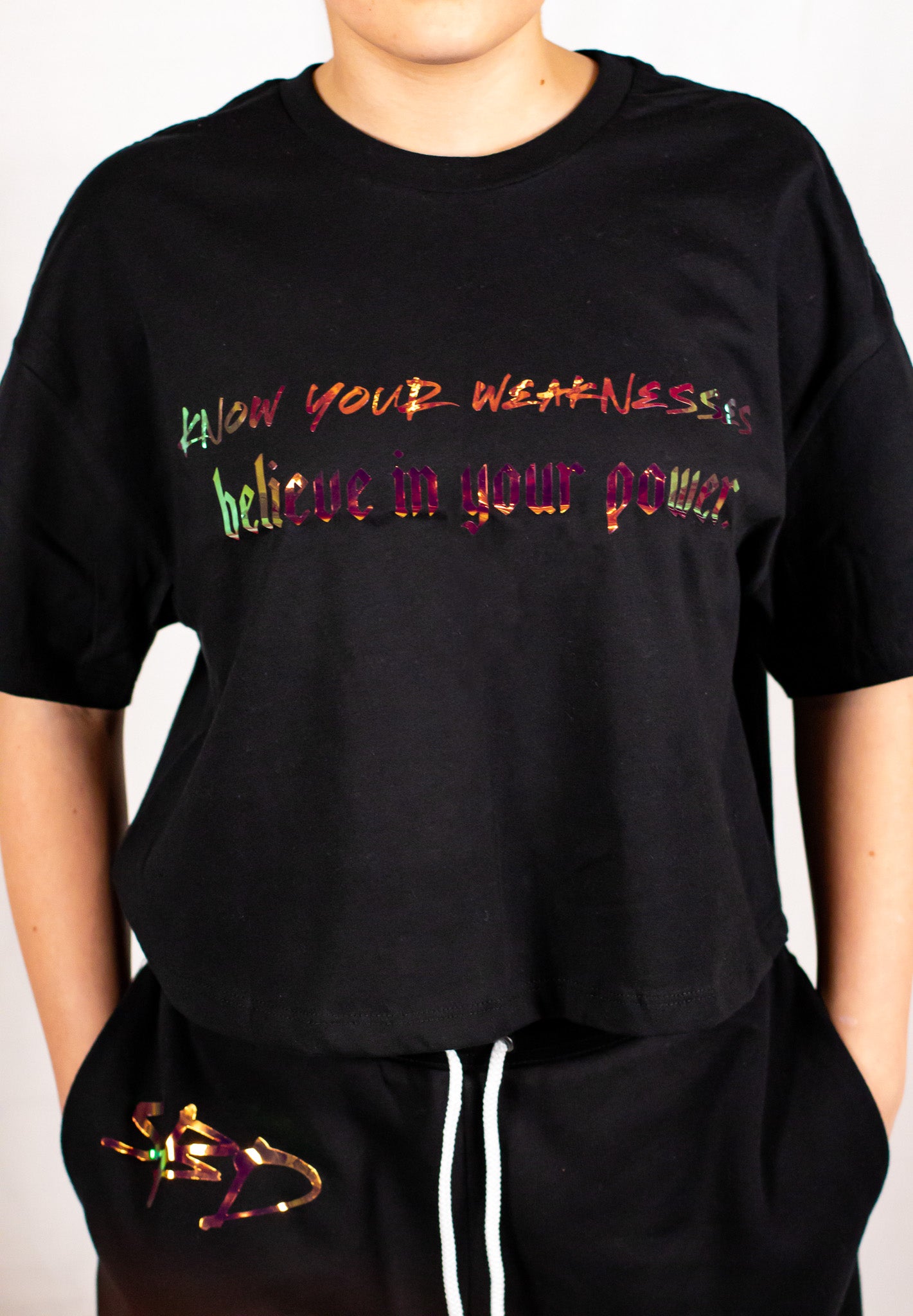 Black Oversized Holographic Cropped T-Shirt