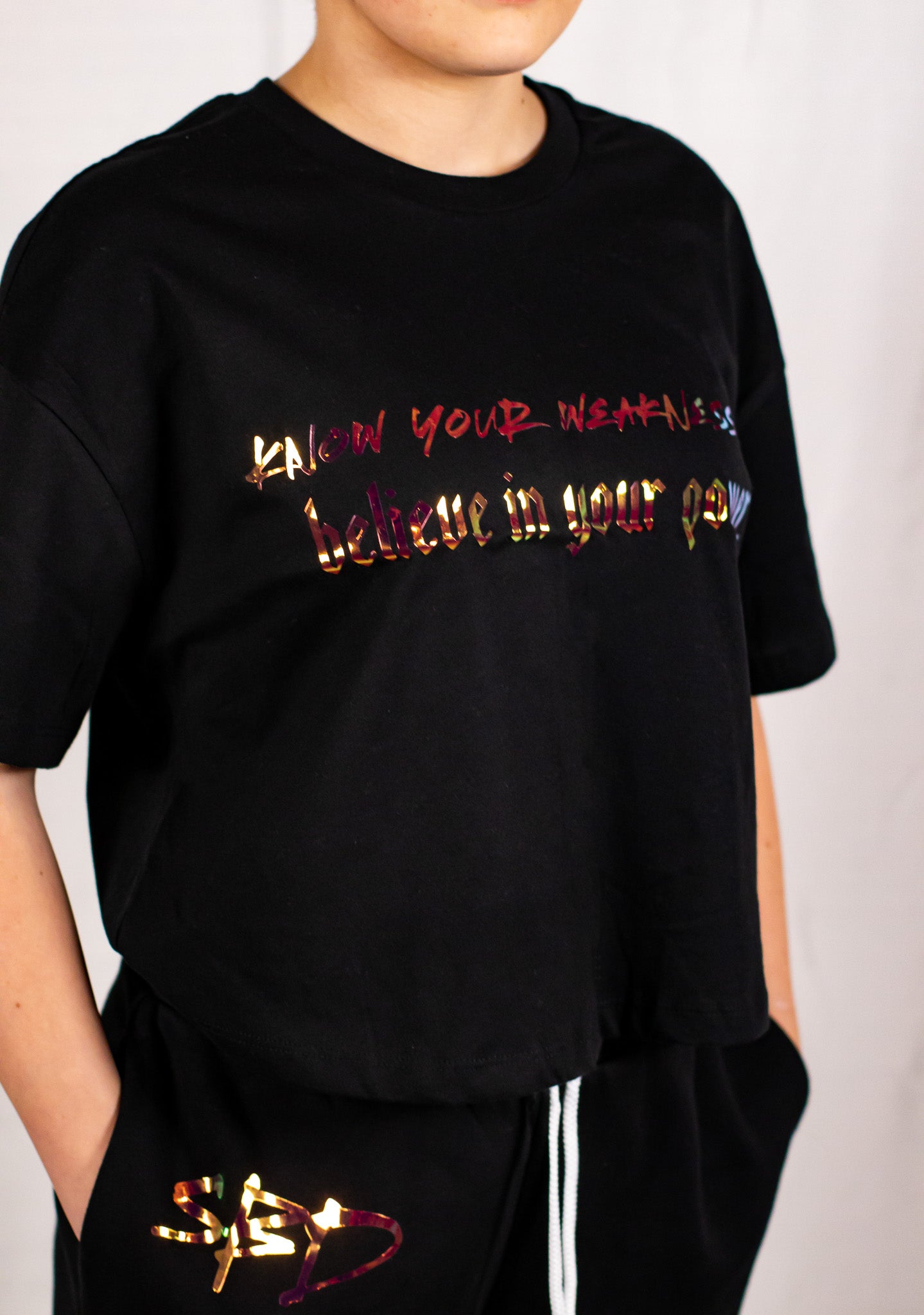Black Oversized Holographic Cropped T-Shirt