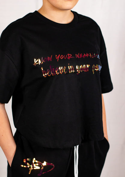 Black Oversized Holographic Cropped T-Shirt