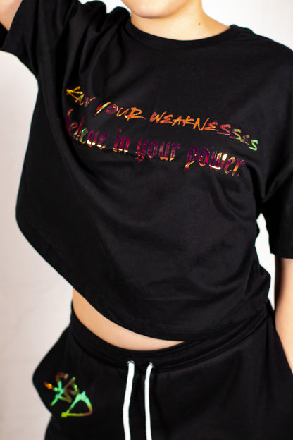 Black Oversized Holographic Cropped T-Shirt