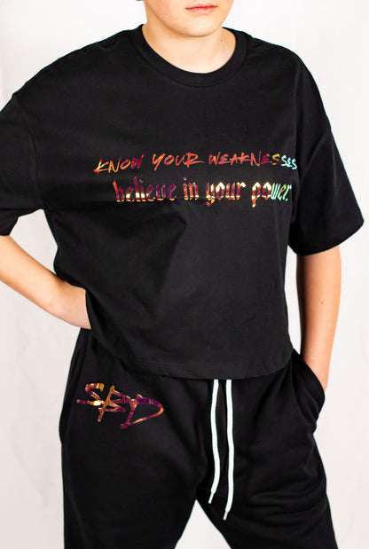 Black Oversized Holographic Cropped T-Shirt