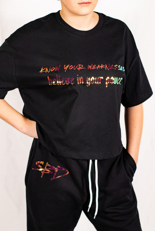 Black Oversized Holographic Cropped T-Shirt