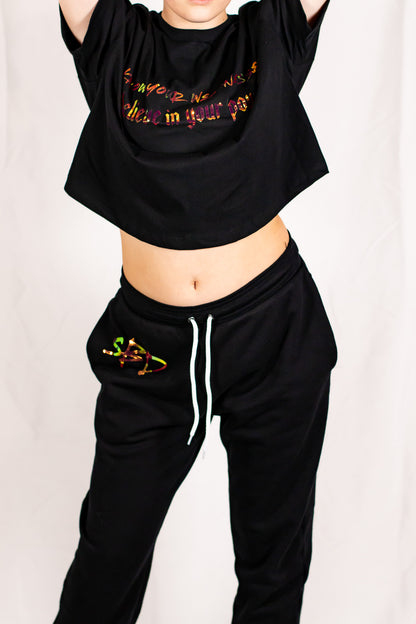 Black Oversized Holographic Cropped T-Shirt