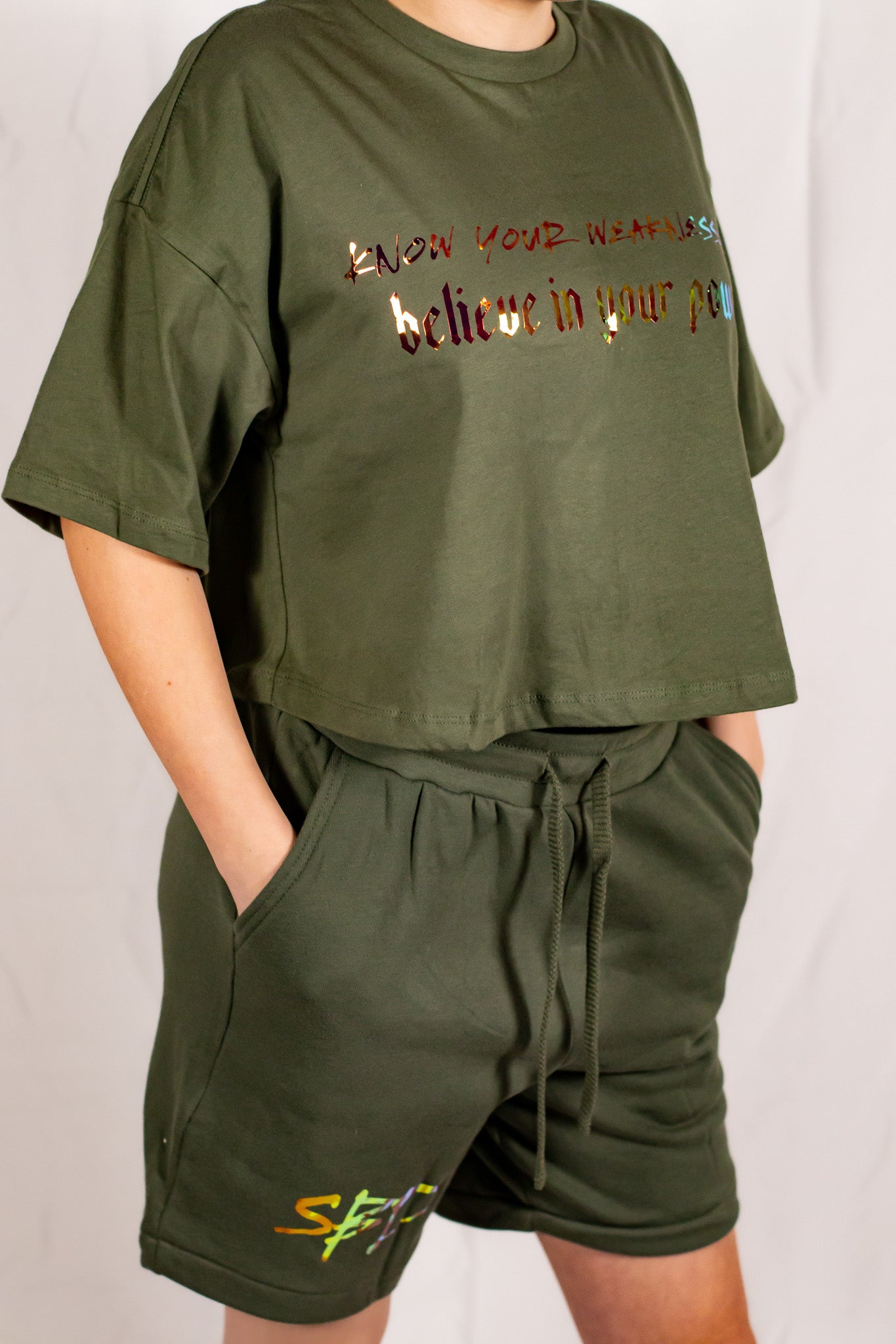 Military Green Oversized Holographic Cropped T-Shirt