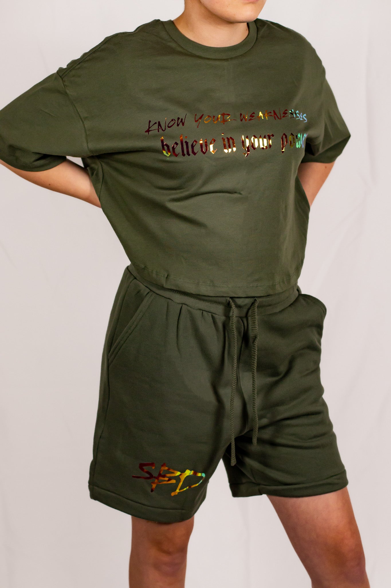 Military Green Oversized Holographic Cropped T-Shirt