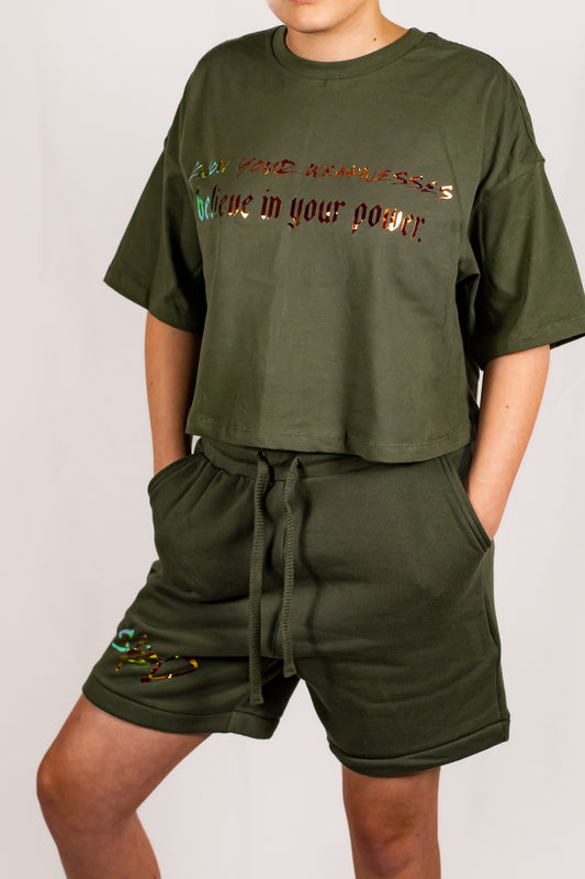 Military Green Oversized Holographic Cropped T-Shirt