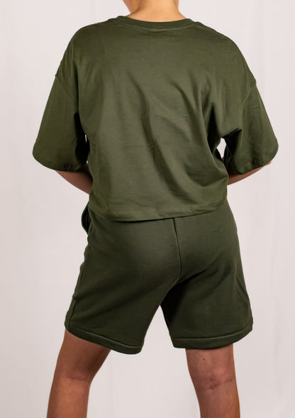 Military Green Oversized Holographic Cropped T-Shirt