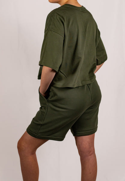 Military Green Oversized Holographic Cropped T-Shirt