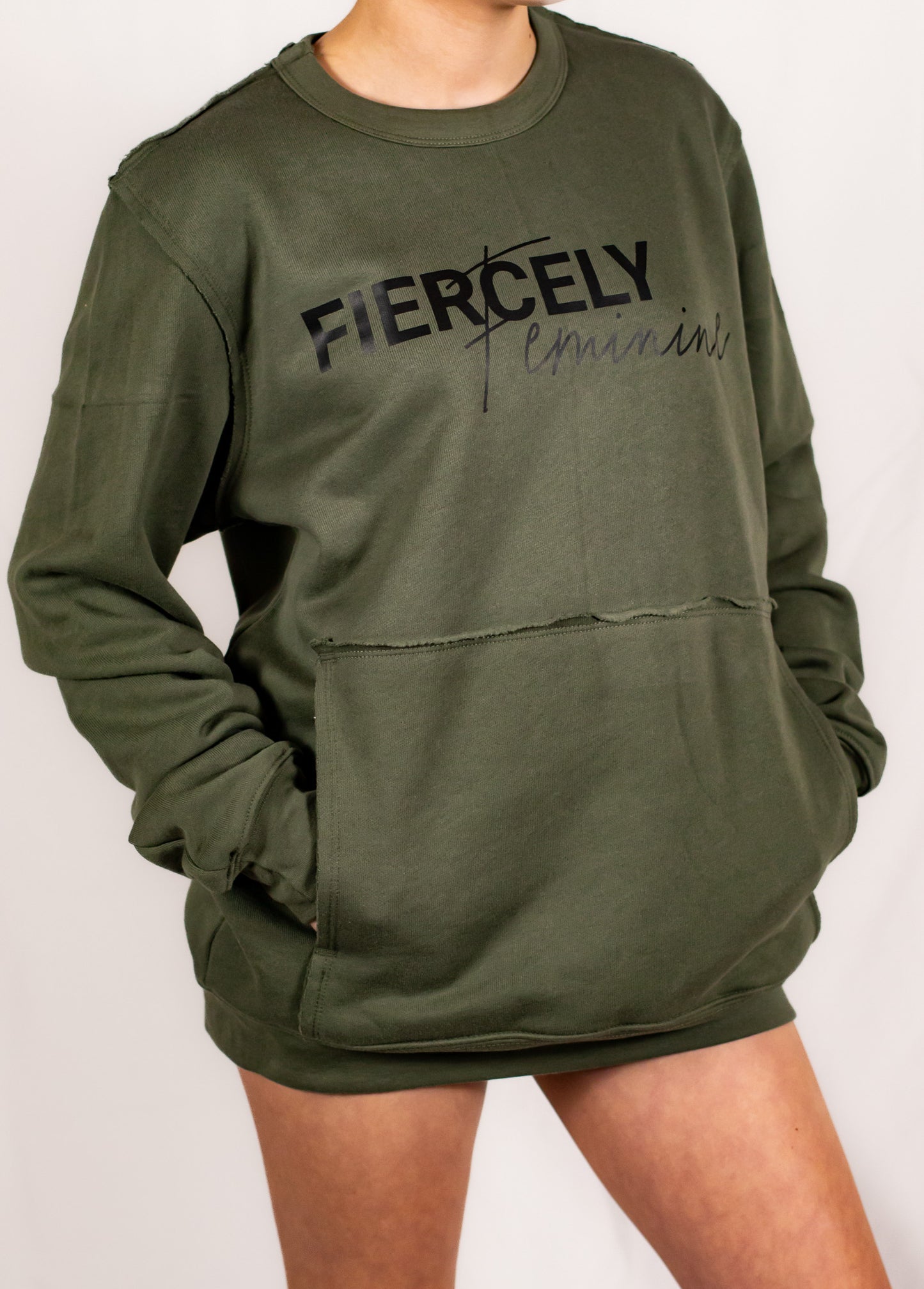 Military Green Unisex Raw Seam Crewneck Sweatshirt