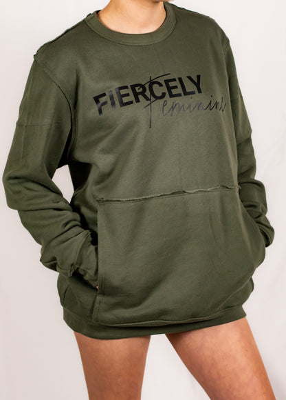 Military Green Unisex Raw Seam Crewneck Sweatshirt