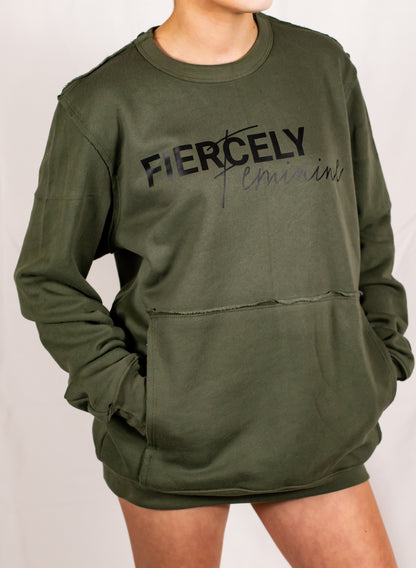 Military Green Unisex Raw Seam Crewneck Sweatshirt