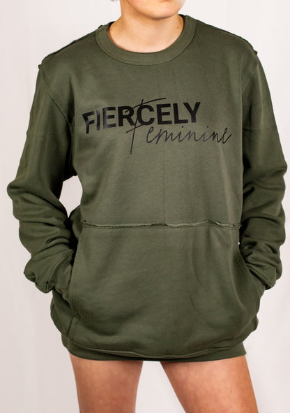 Military Green Unisex Raw Seam Crewneck Sweatshirt