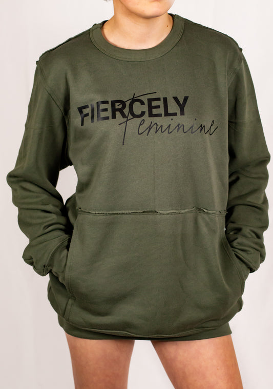 Military Green Unisex Raw Seam Crewneck Sweatshirt